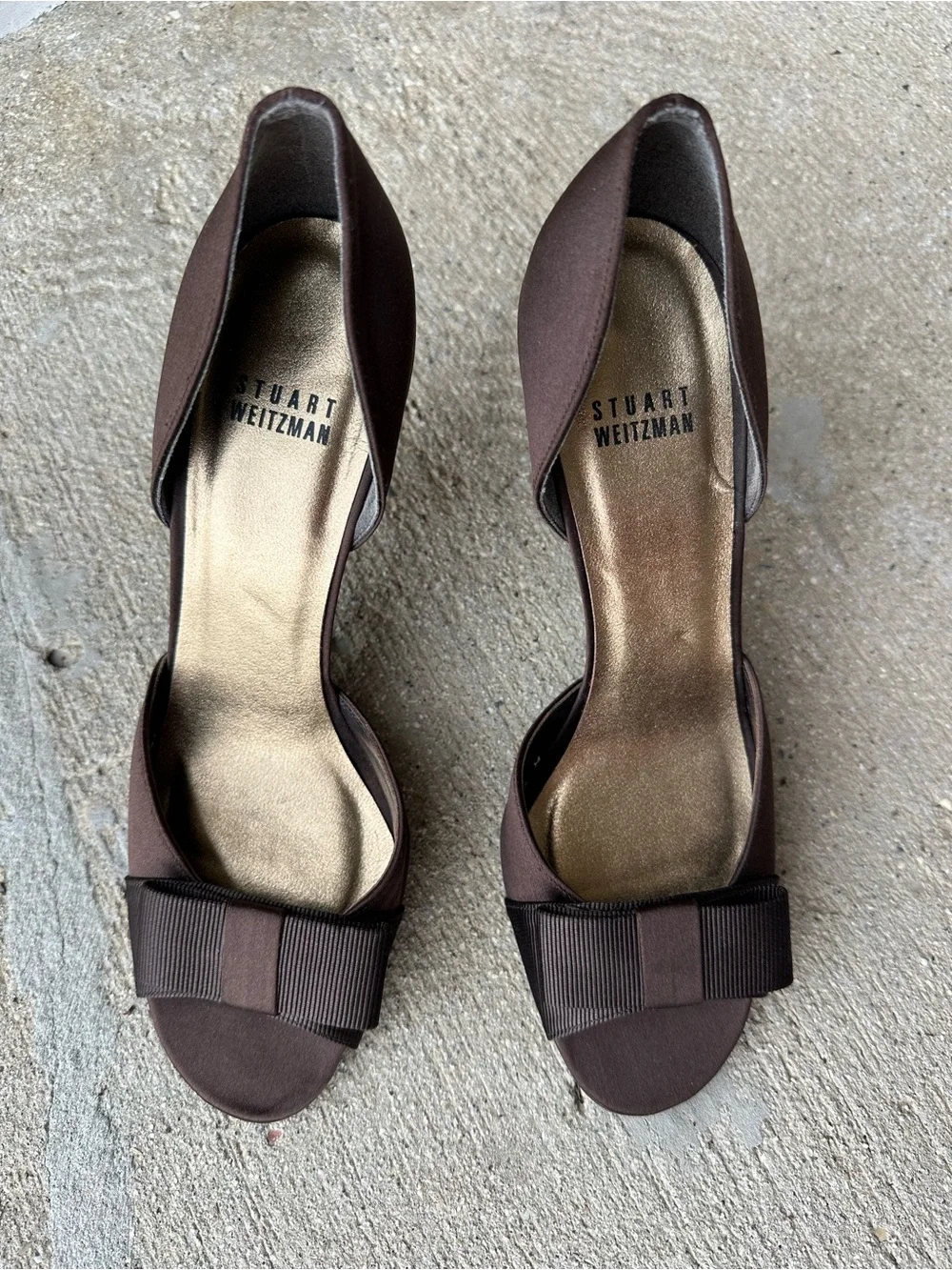 Stuart Weitzman Chocolate Brown Bow Peep-Toe High Heels - Size 7.5